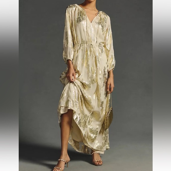 NWT Anthropologie Pinaccle Shruti Sancheti Floral Metallic Thread Maxi Dress - Picture 1 of 4